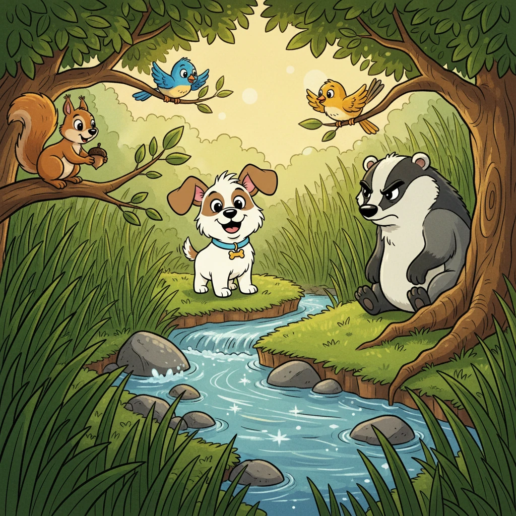 Pip's journey took him through tall grass and across babbling brooks. He encountered friendly squirrels, curious birds, and even a grumpy old badger. Each meeting taught him something new about the world.