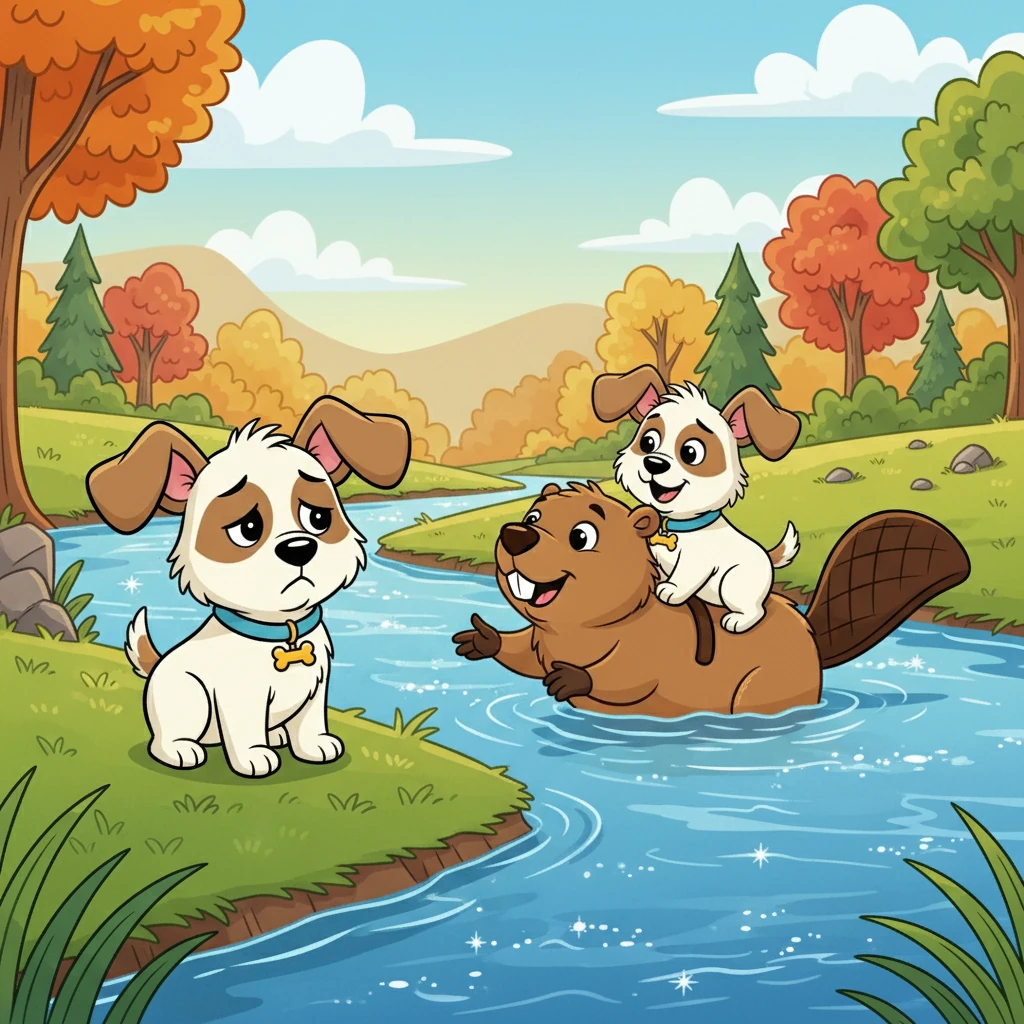 He eventually reached a sparkling river, too wide to cross. Discouraged, Pip sat on the riverbank. Suddenly, a friendly beaver offered him a ride on its back, carrying him safely across.