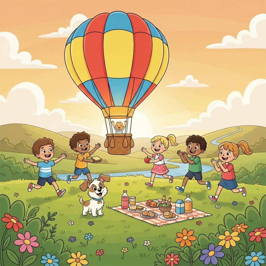 On the other side, Pip finally spotted the hot air balloon landing in a meadow. A group of children greeted him, welcoming him with open arms and sharing their picnic.