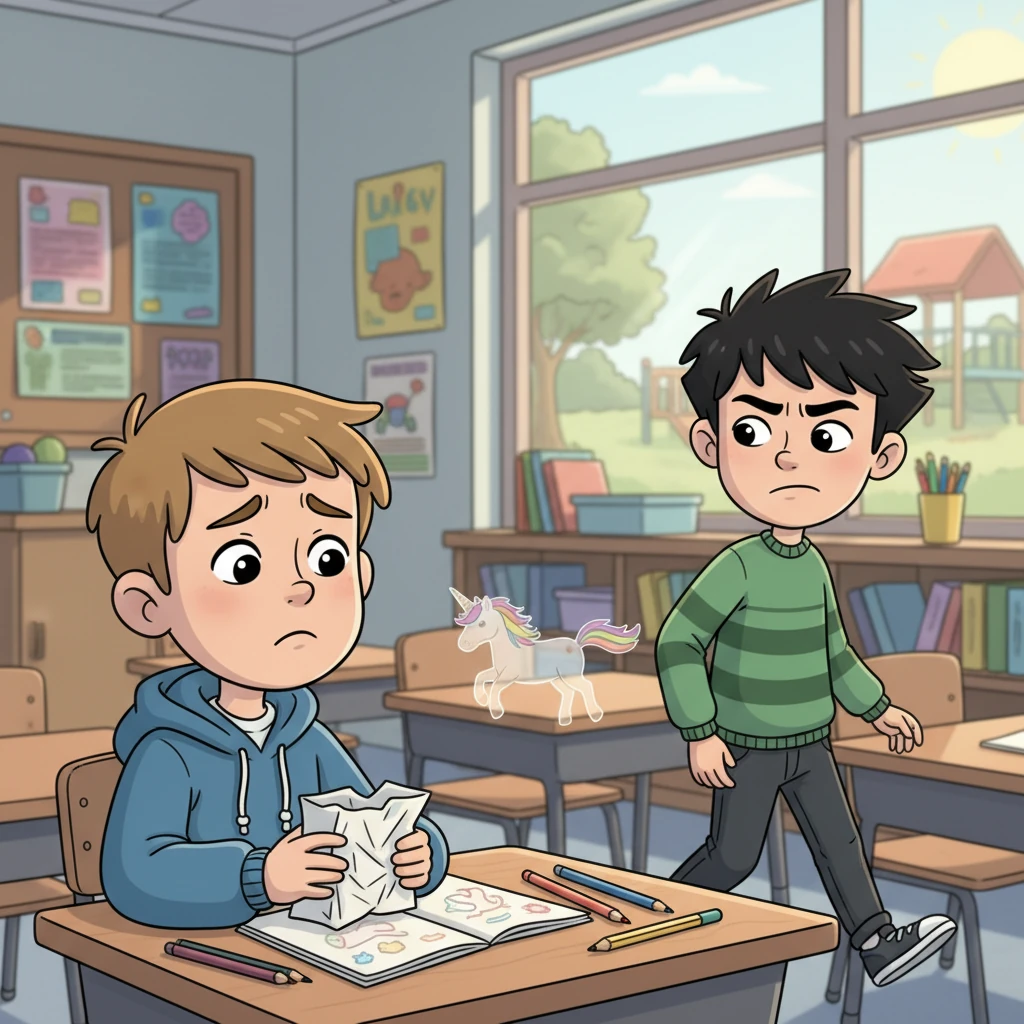 Caleb loved drawing, especially fantastical creatures with bright colors. One day at school, as he happily sketched a unicorn with a rainbow mane, a boy named Mark snatched his drawing and crumpled it. Caleb felt a knot of sadness and confusion in his stomach, unsure what to do.