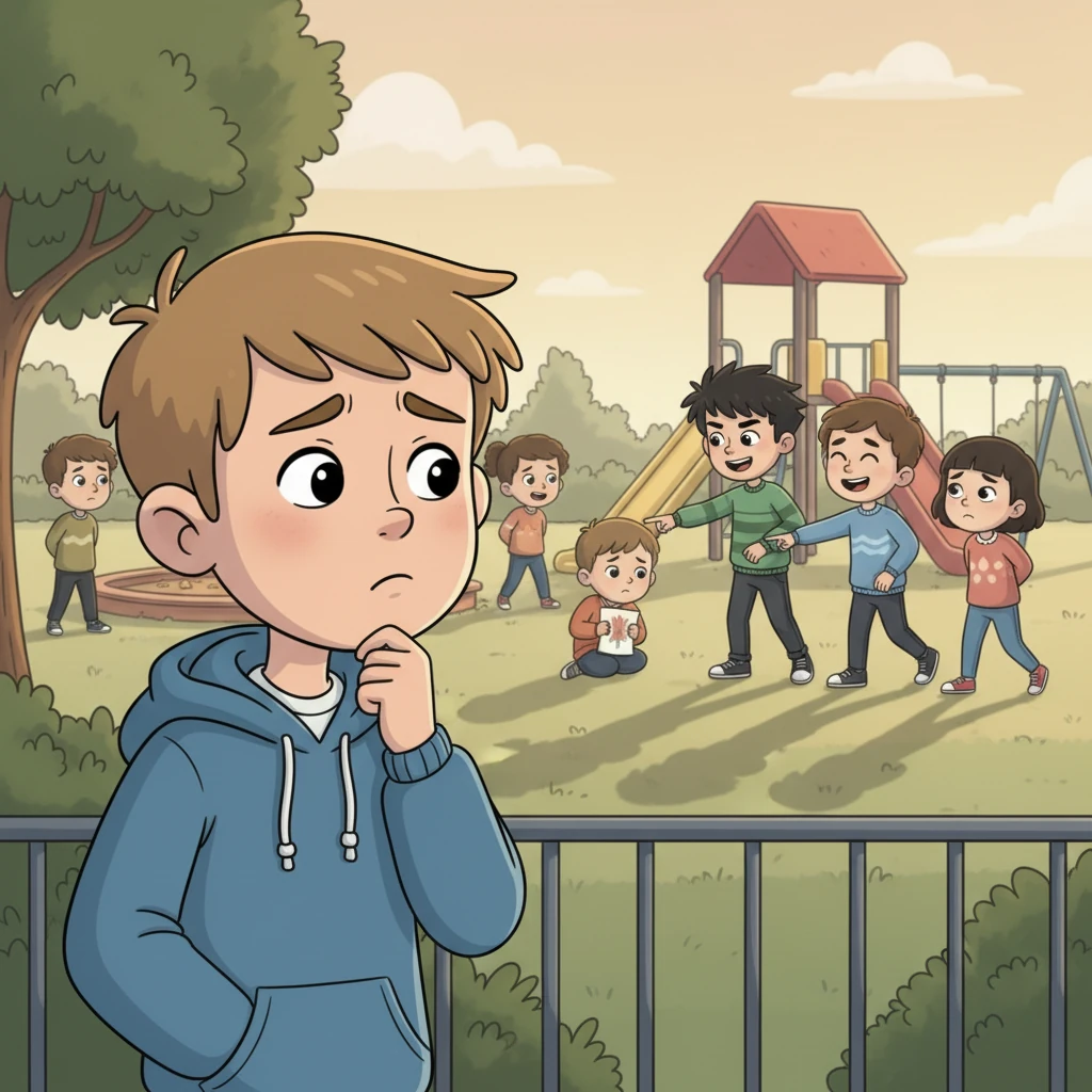 Mark and his friends often teased other kids, making them feel small and alone. Caleb noticed other children hiding their drawings, avoiding the playground, and looking unhappy. He wondered why Mark acted this way and if there was anything he could do.
