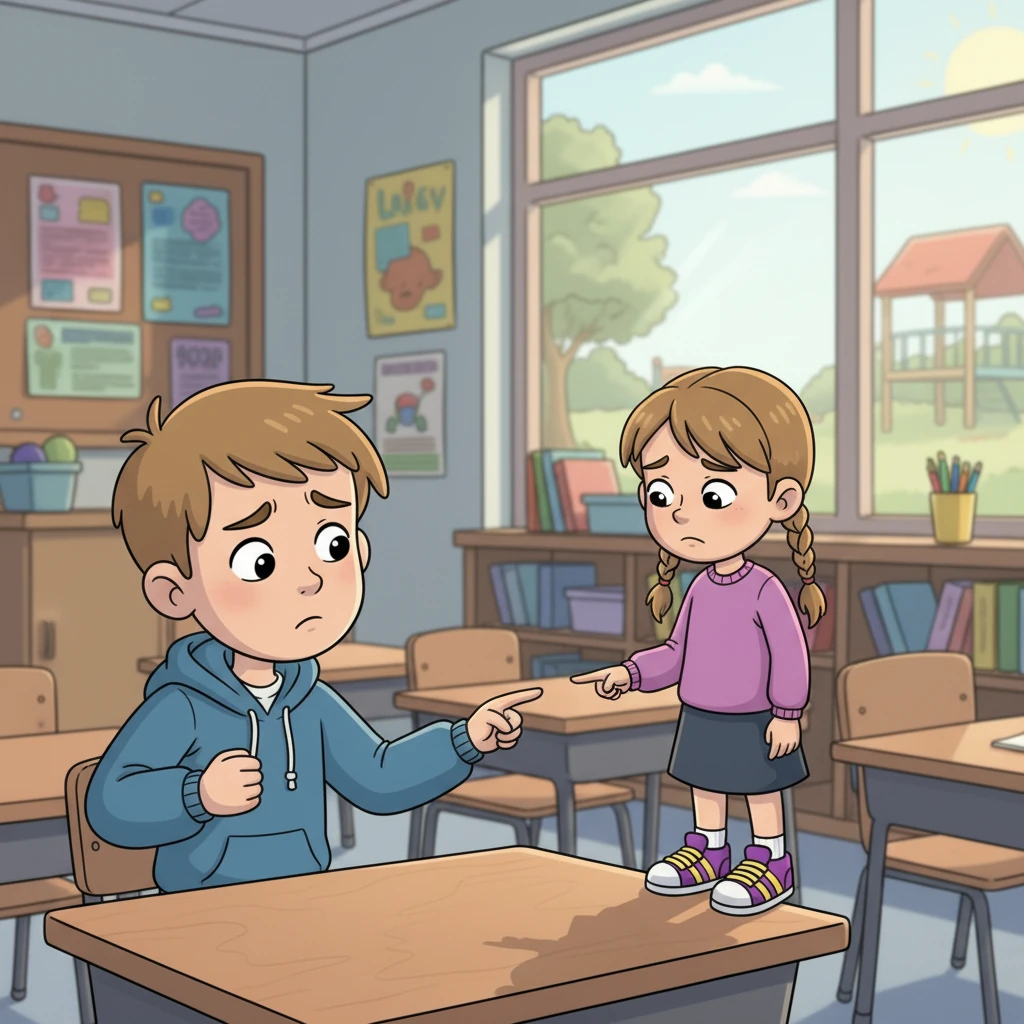 The next day, Mark started teasing a girl about her new shoes. Remembering his mom’s advice, Caleb stood up, saying, "Leave her alone, Mark!" Mark was surprised by Caleb's unexpected response and stopped teasing the girl. Caleb stood tall and strong.