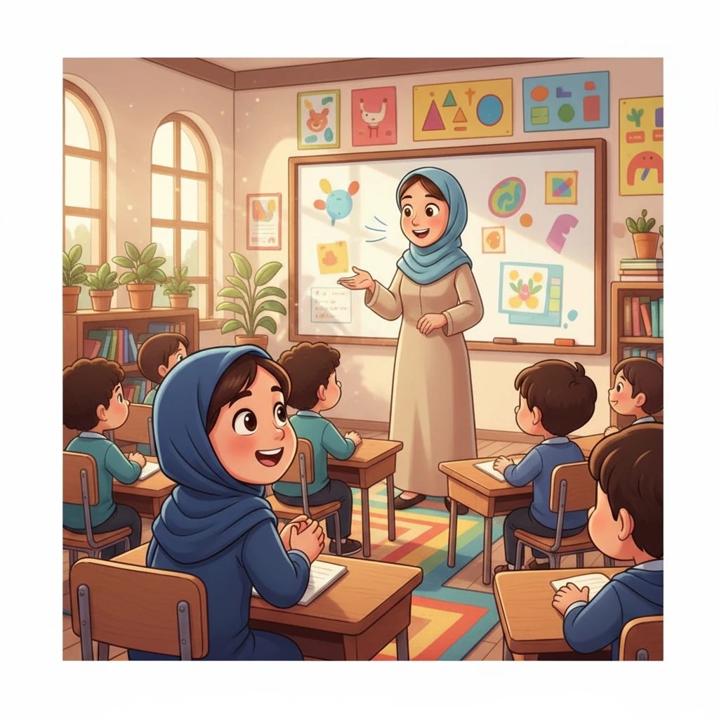 خانم معلم وارد کلاس شد و با لبخندی مهربان سلام کرد. همه دانش آموزان با احترام بلند شدند و جواب سلام دادند. مریم با خوشحالی منتظر شروع درس بود.