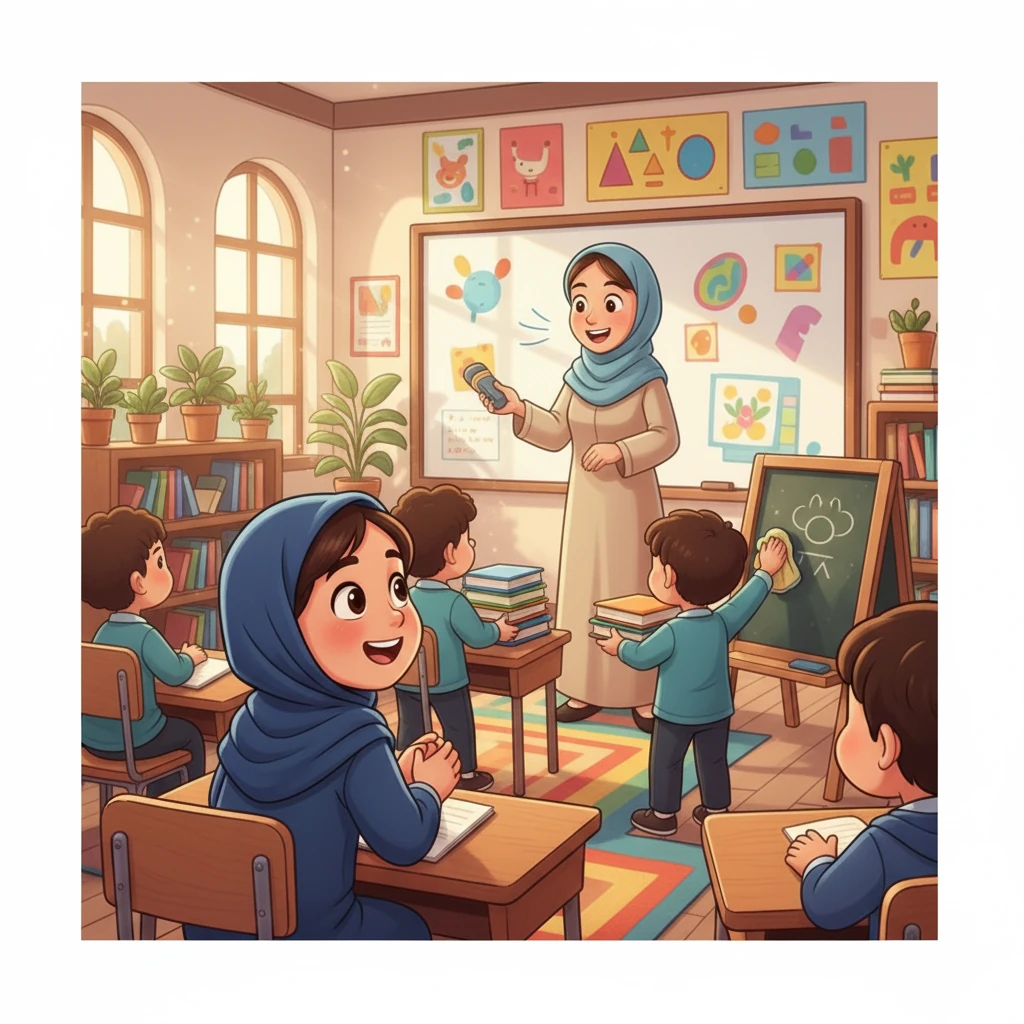 در زنگ تفریح، مریم و دوستانش به خانم معلم کمک کردند. آنها با خوشحالی تخته سیاه را پاک کردند و کتاب‌ها را جمع کردند. خانم معلم از این رفتار مهربانانه، خوشحال شد.