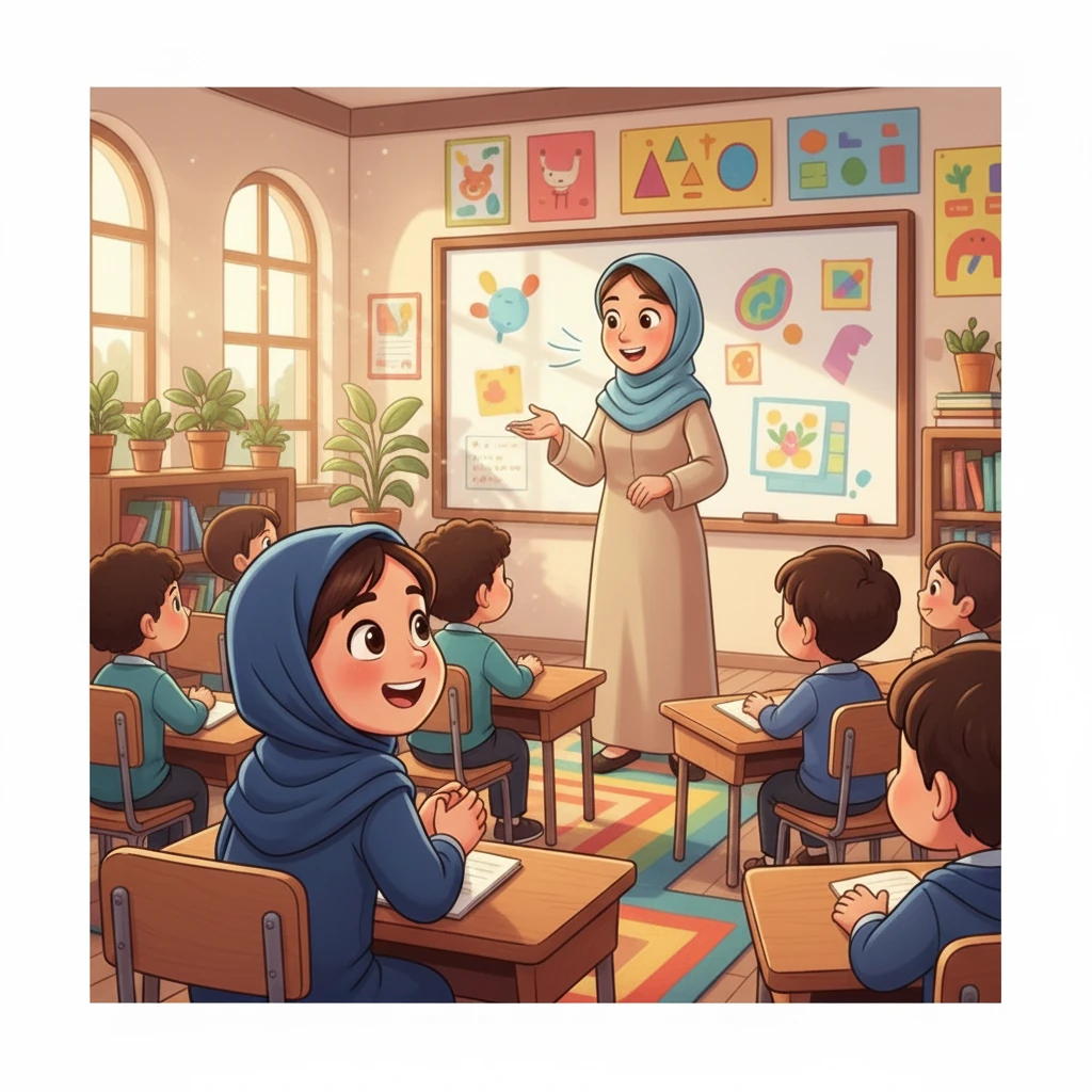 یک روز، مریم یک نقاشی زیبا برای خانم معلم کشید. در نقاشی، خانم معلم با لبخند در حال تدریس بود و مریم و دوستانش با اشتیاق به او نگاه می‌کردند.