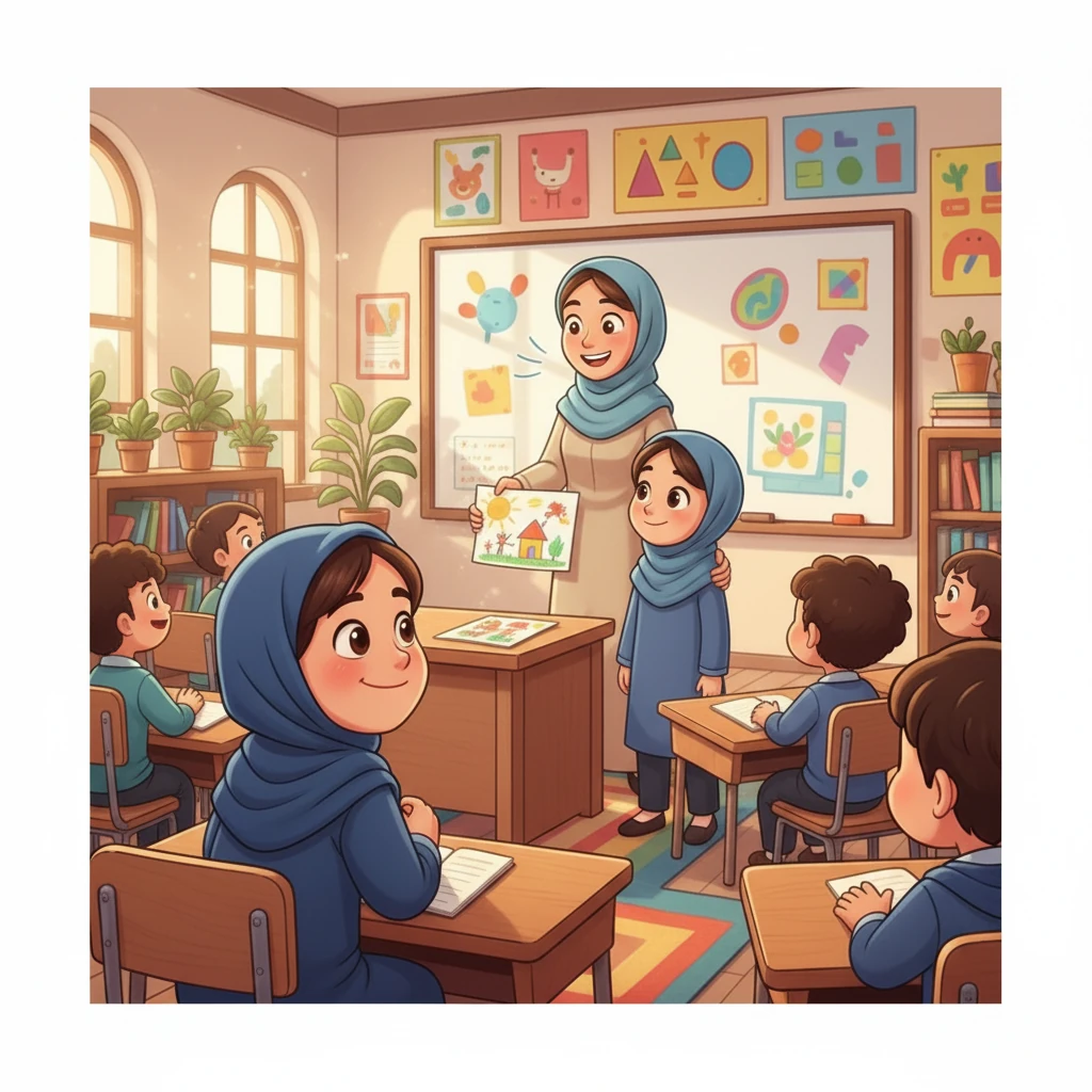 خانم معلم از هدیه مریم بسیار خوشحال شد. او نقاشی را روی میزش گذاشت و به مریم گفت: «متشکرم، مریم جان. تو یک دانش آموز با ادب و مهربان هستی.»