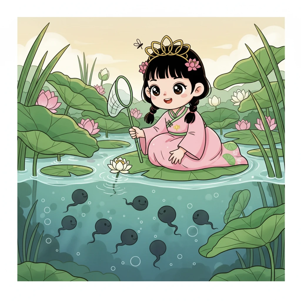 在荷塘的深处，一群黑色的蝌蚪快乐地游动着。它们的小尾巴摇摆着，好奇地探索着这个美丽的世界。小荷看着它们，仿佛看到了自己的童年。