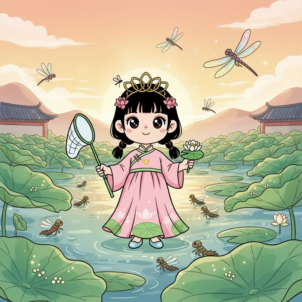 一只美丽的蜻蜓妈妈在荷塘边产下了卵，卵孵化成了小蜻蜓。小蜻蜓在水中生活，慢慢地，它们长出了翅膀。然后它们飞了起来，开始了全新的生活。