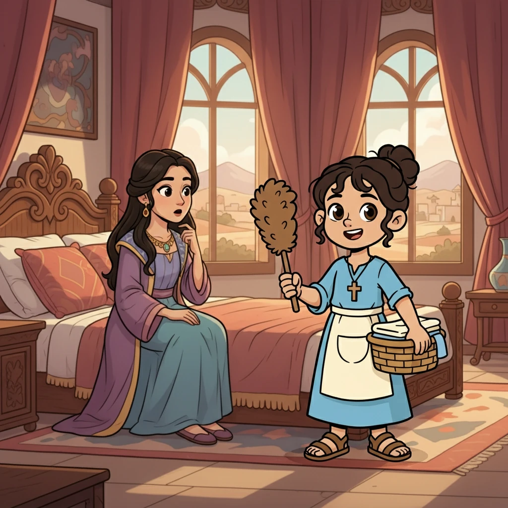 Miriam remembered the prophet Elisha, who lived in a faraway land. She knew he could help Naaman. With a hopeful heart, she told her mistress about Elisha.