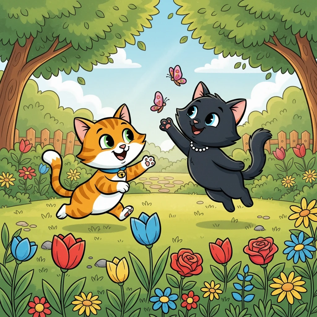 Di sebuah taman kecil yang hijau, Kiki dan Mimi bermain dengan riang. Kiki, dengan bulunya yang berwarna oranye, suka berlari mengelilingi bunga-bunga. Mimi, si kucing hitam yang anggun, melompat-lompat dengan gembira, mengejar kupu-kupu yang berterbangan.