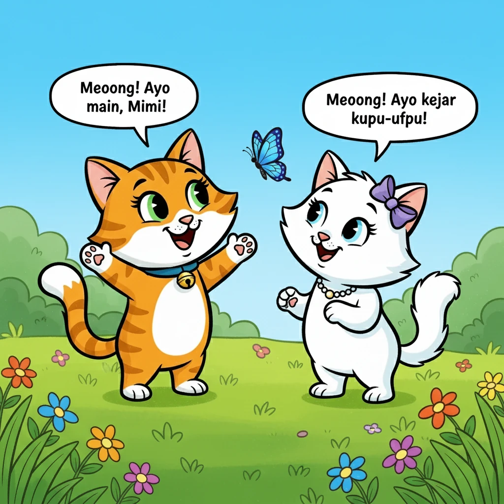 Kiki dan Mimi saling memandang, mata mereka berbinar-binar penuh kegembiraan. "Meooong! Ayo main, Mimi!" Kiki mengeong, mengisyaratkan ajakan bermain. Mimi dengan cepat menjawab, "Meooong! Ayo kejar kupu-kupu!"