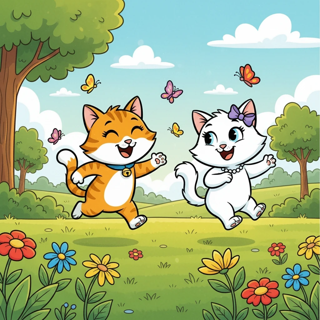 Mereka berlari bersama di antara rumput hijau, tawa mereka bergema di taman yang cerah. Kiki dan Mimi mengejar kupu-kupu, melompat melewati bunga-bunga, dan menikmati kebersamaan mereka. Persahabatan mereka tampak begitu indah dan penuh warna seperti taman tempat mereka bermain.