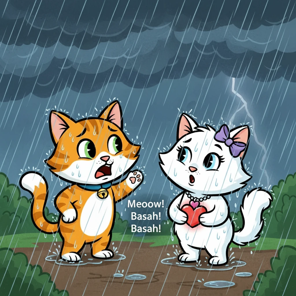 Tiba-tiba, langit berubah menjadi gelap dan hujan mulai turun dengan deras. Kiki dan Mimi terkejut dengan perubahan cuaca yang tiba-tiba. "Meooow! Basah! Basah!" Kiki mengeong sambil menggigil kedinginan.