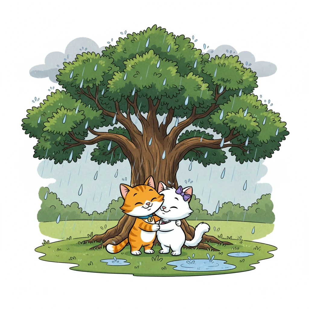 Mimi dengan cepat mengajak Kiki untuk mencari perlindungan. Mereka berlari menuju pohon besar di taman. Di bawah pohon yang rindang, mereka berpelukan untuk saling menghangatkan diri, menunggu hujan reda.