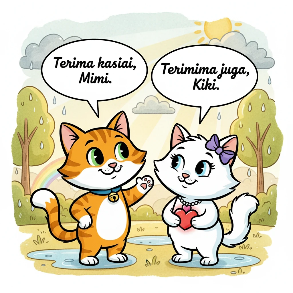 Hujan perlahan berhenti, dan matahari mulai muncul lagi. Kiki dan Mimi saling memandang dengan senyum di wajah mereka. Kiki berkata, "Terima kasih, Mimi." Mimi menjawab, "Terima kasih juga, Kiki." Sejak hari itu, mereka selalu bermain bersama, saling membantu dan menyayangi.