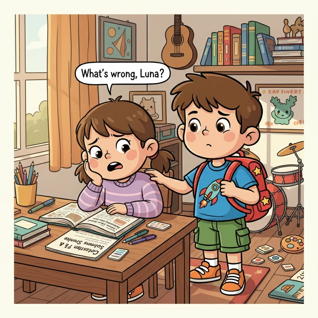 Inside their cozy room, strewn with books and instruments, Luna sighed, staring at her English textbook. The chapter on present simple and continuous tense filled her with dread. Leo noticed his sister's unhappiness and gently asked what was wrong.