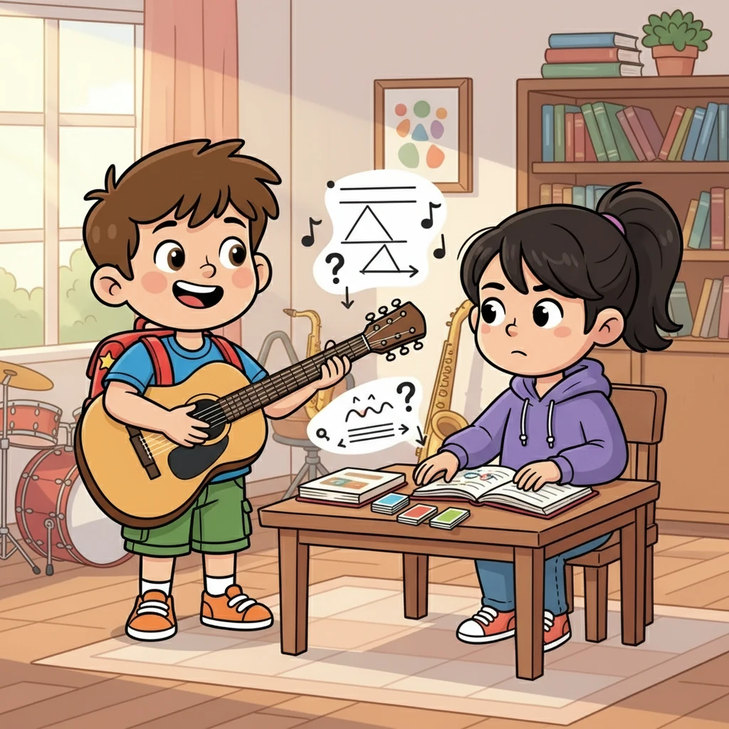 Leo, a budding musician, smiled and grabbed his guitar. He proposed an idea – using music to understand grammar. Luna, intrigued, hesitantly agreed, hoping it wouldn't be as painful as studying usually was.