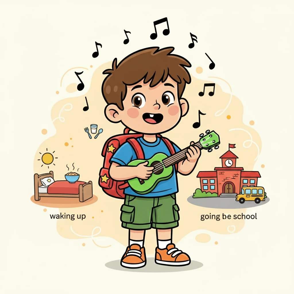 Leo began to strum a catchy tune, singing about his daily routines in the present simple tense. He sang about waking up, eating breakfast, and going to school. The music made the concept fun and easy to grasp.
