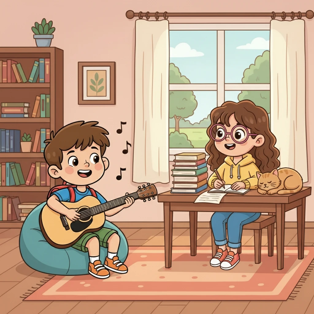 Next, Leo switched to the present continuous, changing the rhythm and words to reflect actions happening 'right now.' He sang about Luna studying and him playing the guitar. Luna found herself smiling, the grammar suddenly making sense.
