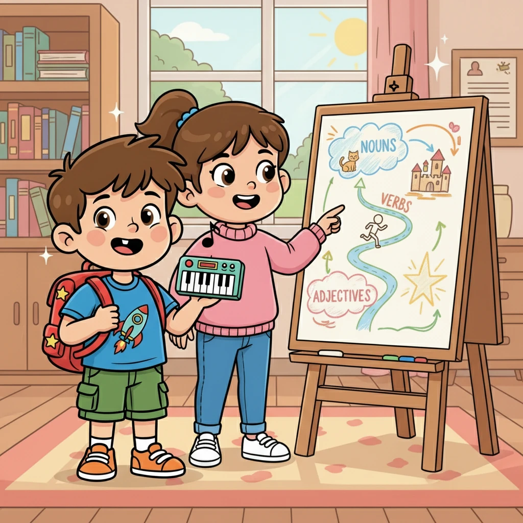 As the school year progressed, Luna's confidence in English grew. She even started to enjoy grammar! Together, Leo and Luna proved that learning can be an adventure, especially when mixed with the joy of music and the bond of a loving sibling.