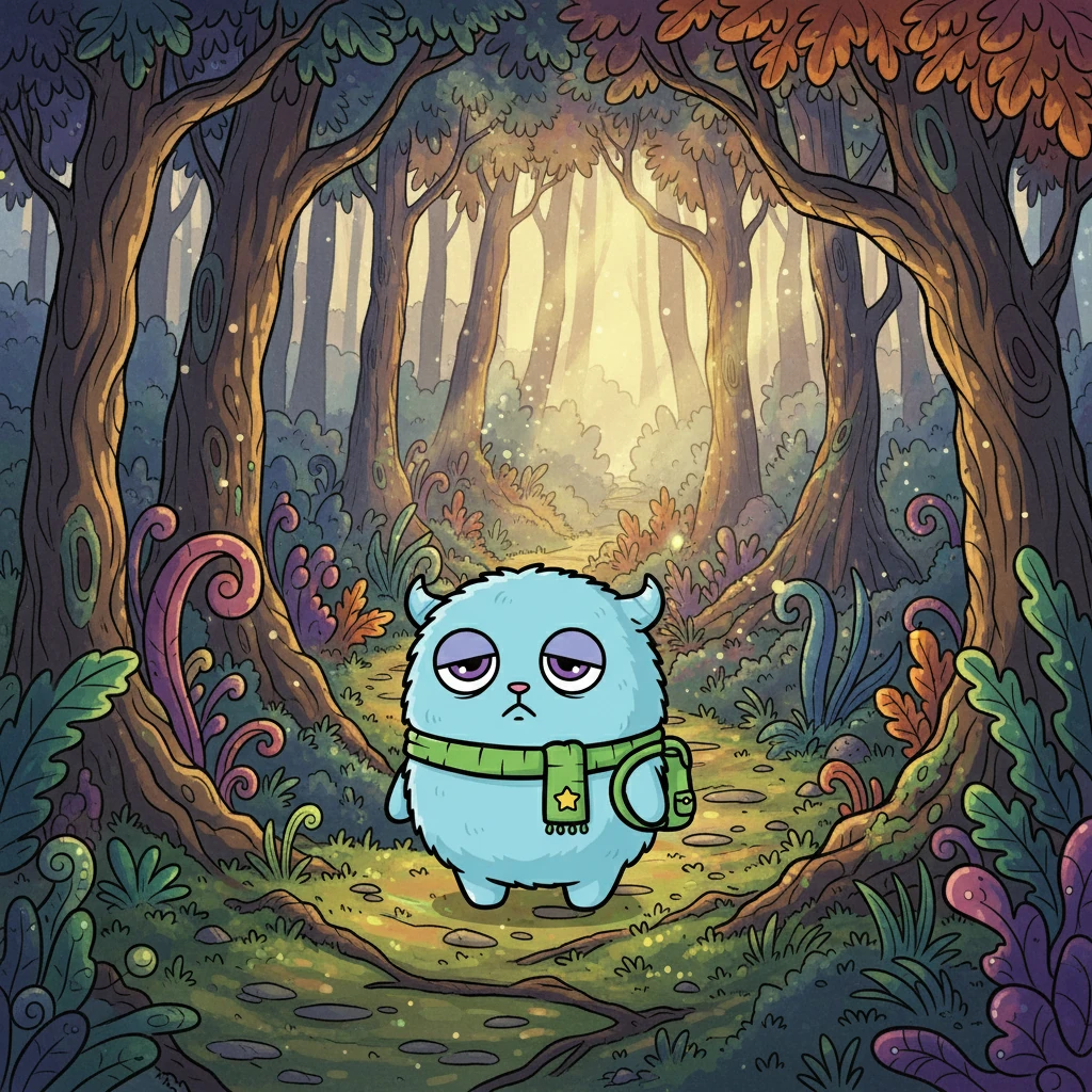 踏上旅程的小累，走進了一片充滿奇異植物的森林。陽光穿透樹葉，灑落在他的身上，但小累的心情仍然沉重。他孤單地走著，不知道要去哪裡，也不知道該做什麼。