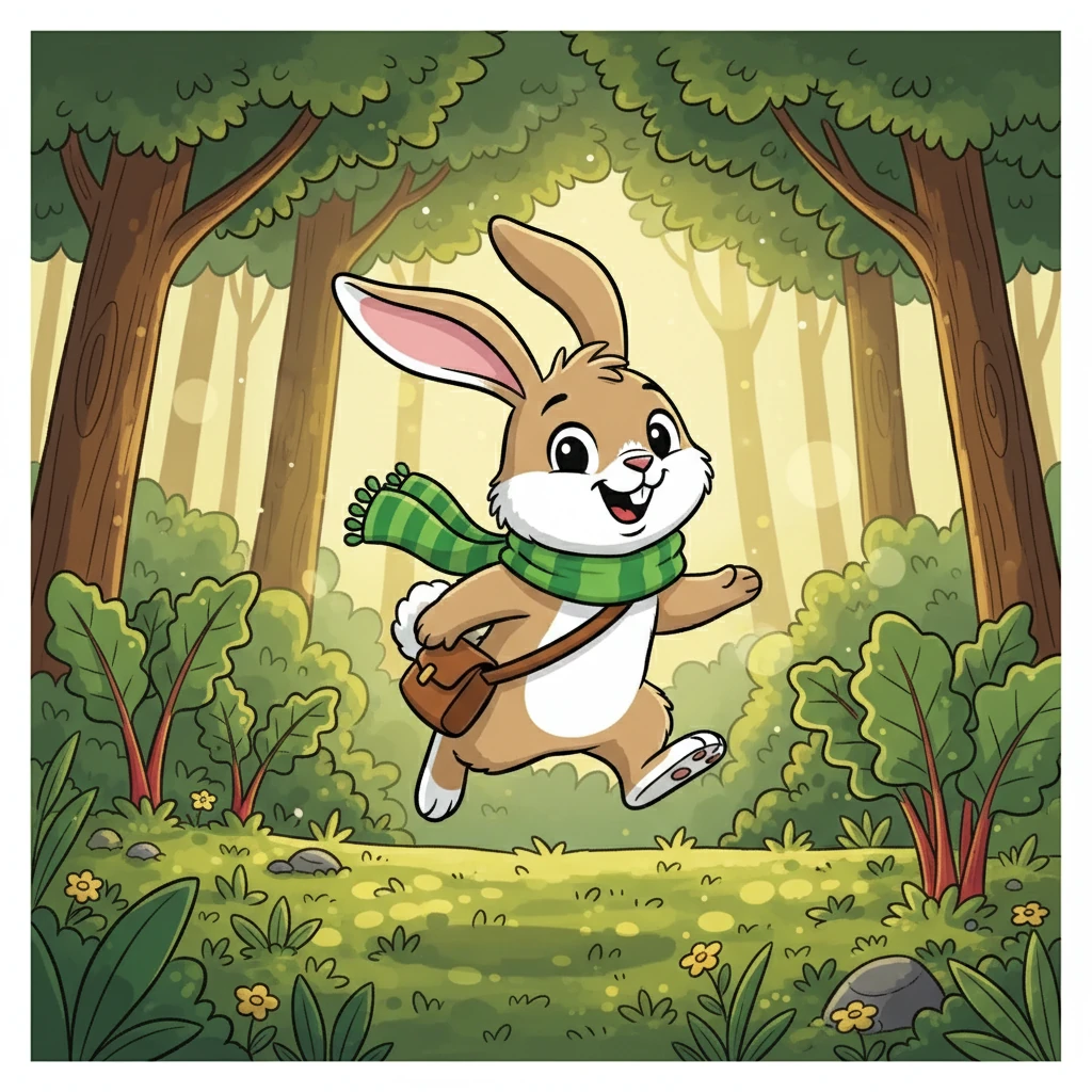 Rupert, a fluffy white rabbit with a twitching nose, hopped happily through the Whispering Woods. The sun dappled through the leaves, creating dancing shadows on the forest floor. He was on his way to gather the juiciest, reddest rhubarb for his mother's famous pie.