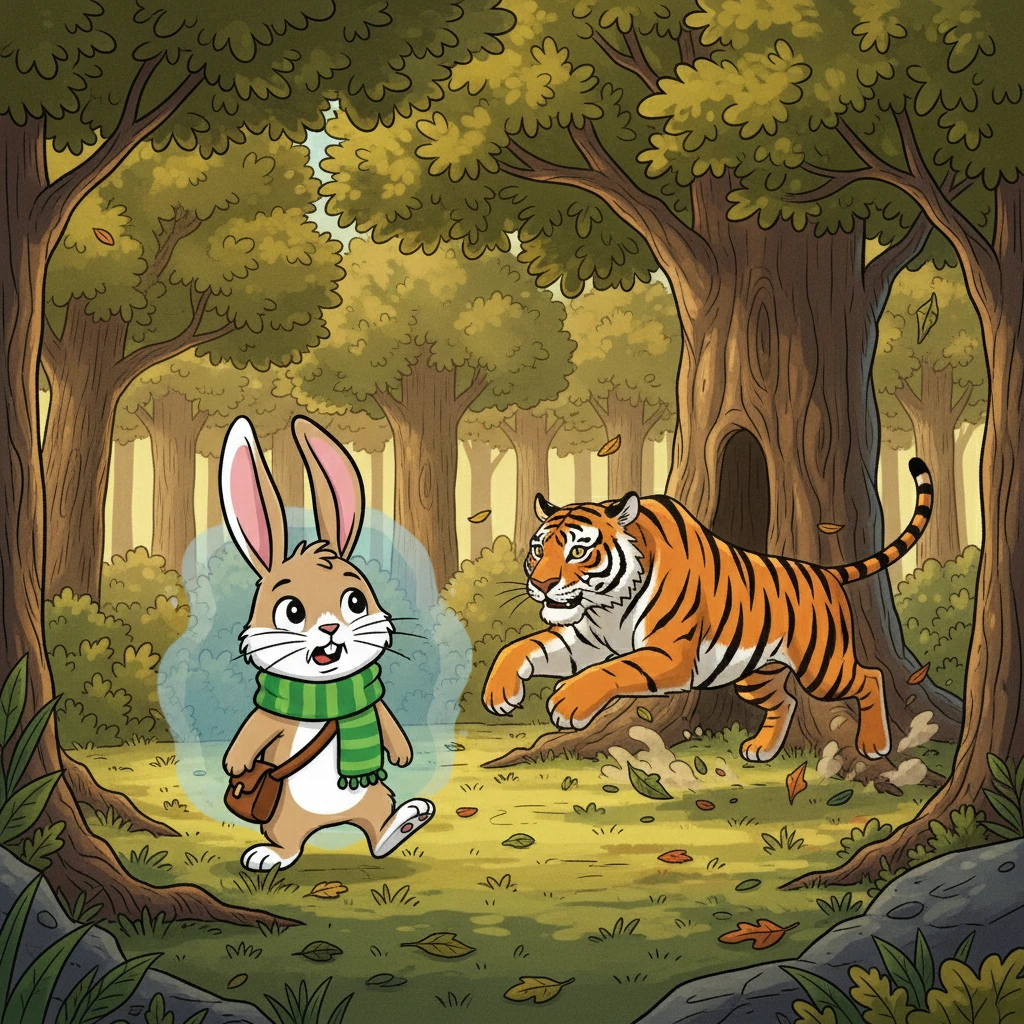 Suddenly, a fearsome roar echoed through the trees! A huge tiger, stripes gleaming in the sunlight, leaped from behind a giant oak. Rupert froze, his whiskers trembling, as the tiger advanced.