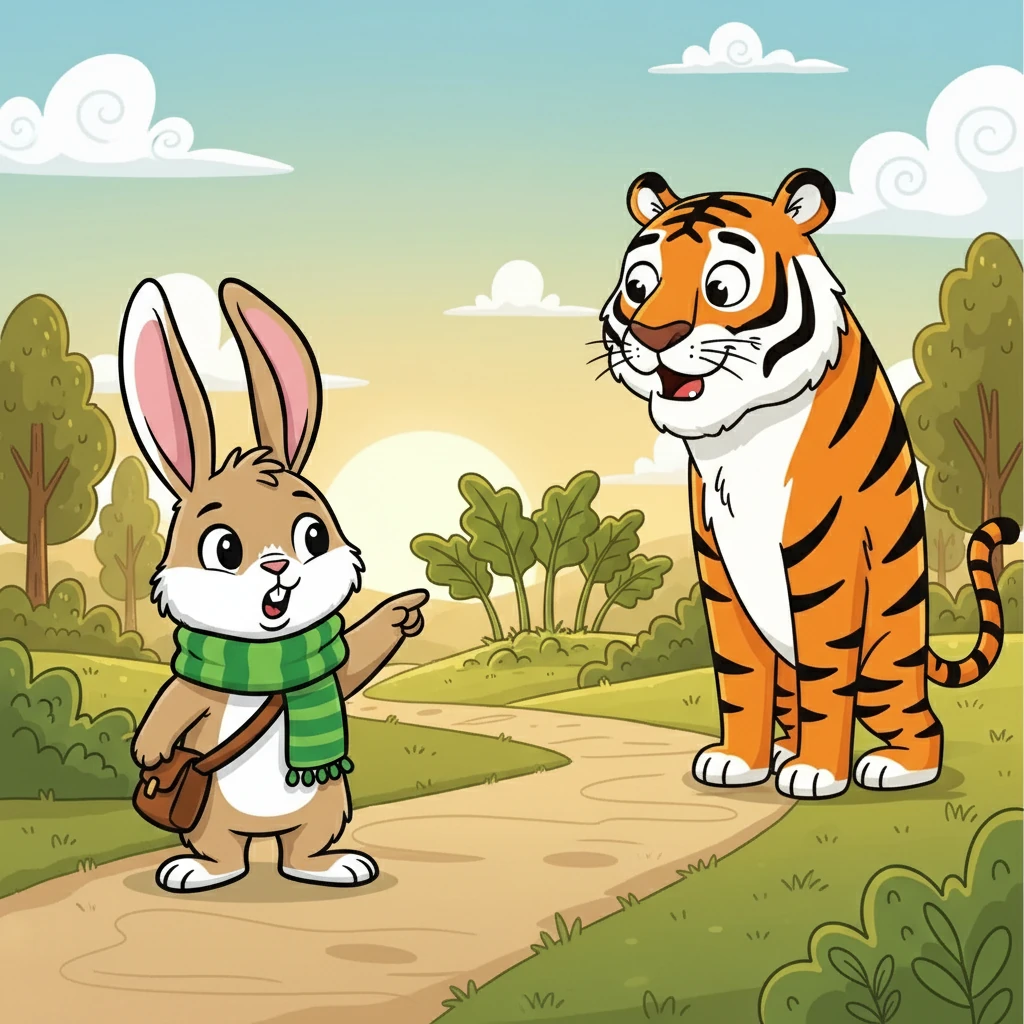 The tiger, however, was not interested in Rupert. He looked at him and said, "I'm so hungry! But I only eat rhubarb!" Rupert, surprised but resourceful, pointed the way.