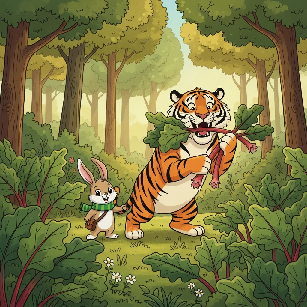 Rupert led the tiger to the biggest, most vibrant rhubarb patch in the forest. The tiger, its growl replaced with a look of eager anticipation, happily devoured the rhubarb stalks, munching loudly.
