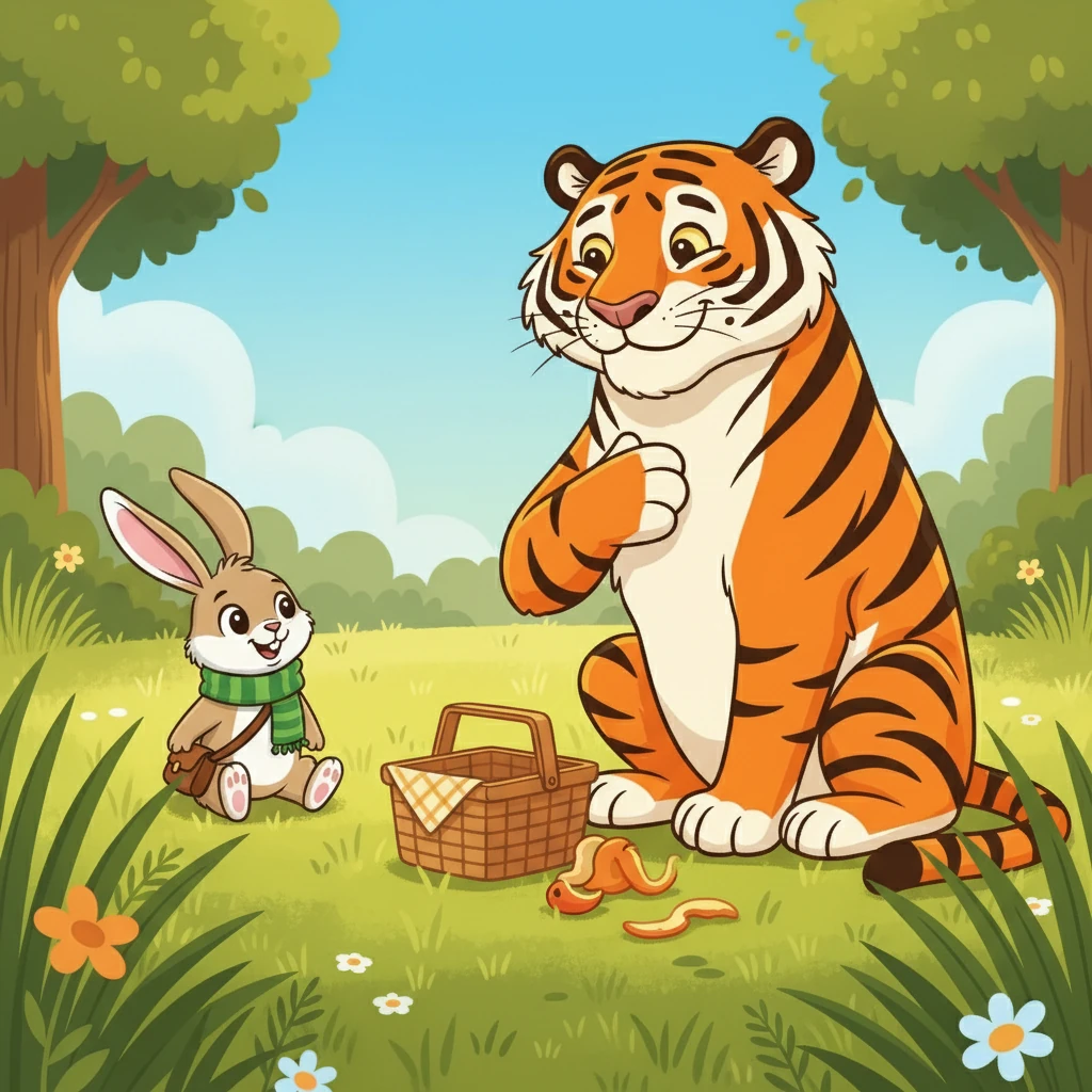 As the tiger ate, Rupert sat nearby, watching. The tiger finished, and with a contented sigh, he looked at Rupert and said, "Thank you! You are a very kind rabbit!"