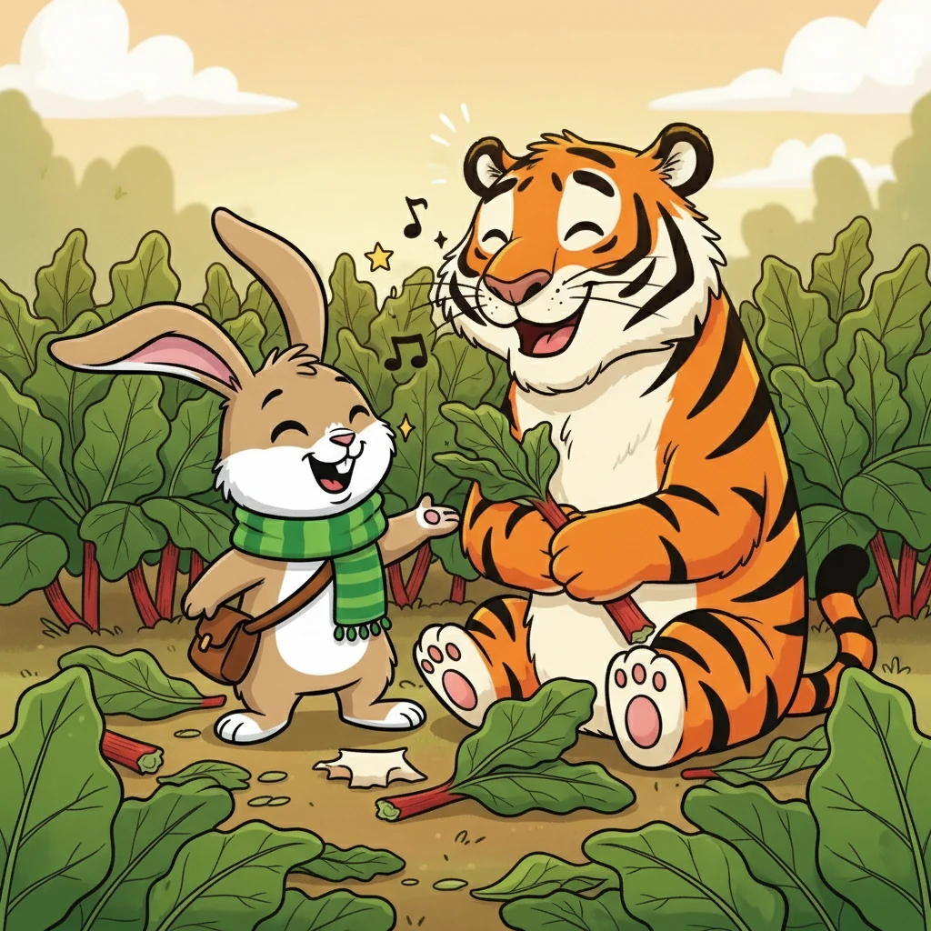 From that day on, Rupert and the tiger became unlikely friends. They often met in the rhubarb patch, sharing stories and laughter. Rupert realized that even the fiercest creatures could have surprising tastes and be friendly.