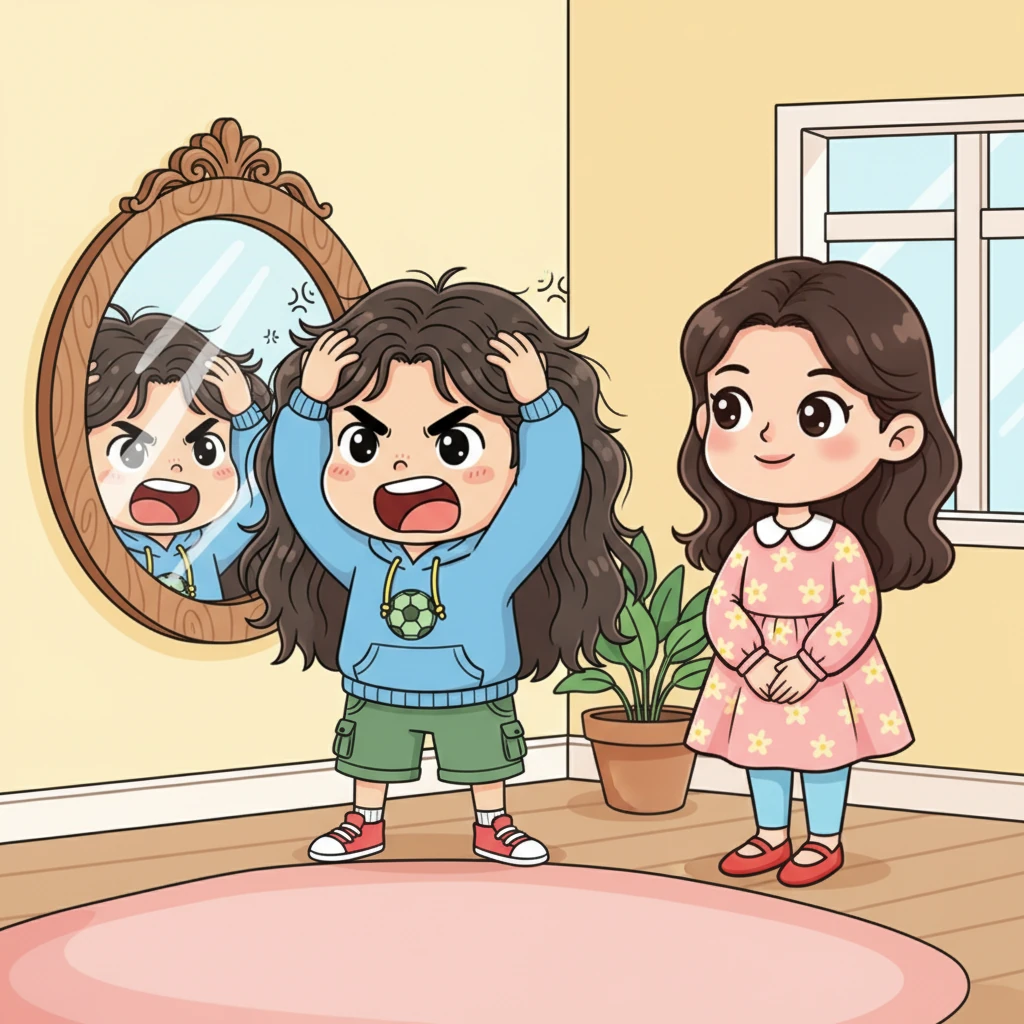 回到家，小明对着镜子，摸着自己长长的刘海，下定决心。他大声宣布：“我再也不剪头发了！我要留一头最酷的长发！”妈妈听了，只是温柔地笑了笑。