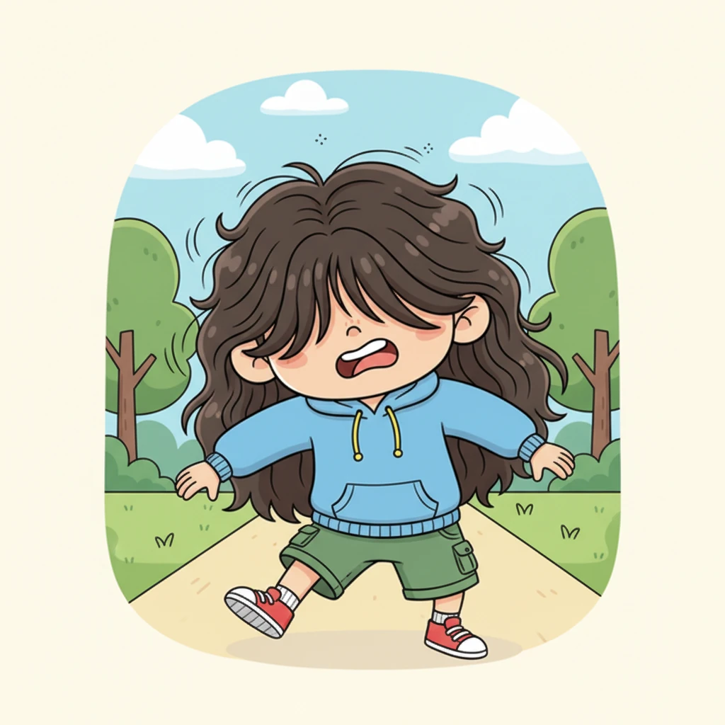 日子一天天过去，小明的头发越长越长，已经遮住了眼睛。他得时不时甩一下头，才能看清前面的路，走路都变得有些滑稽。