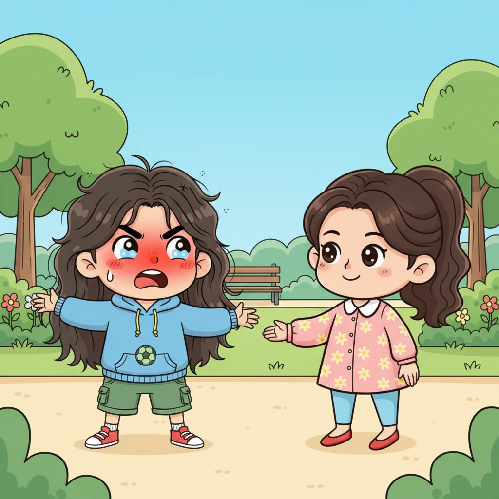 在公园里玩耍时，一位阿姨走过来，微笑着对他说：“小妹妹，你真可爱！”小明听了，脸一下子红了，急忙解释：“我不是小妹妹，我是小明！”他感到又尴尬又委屈。