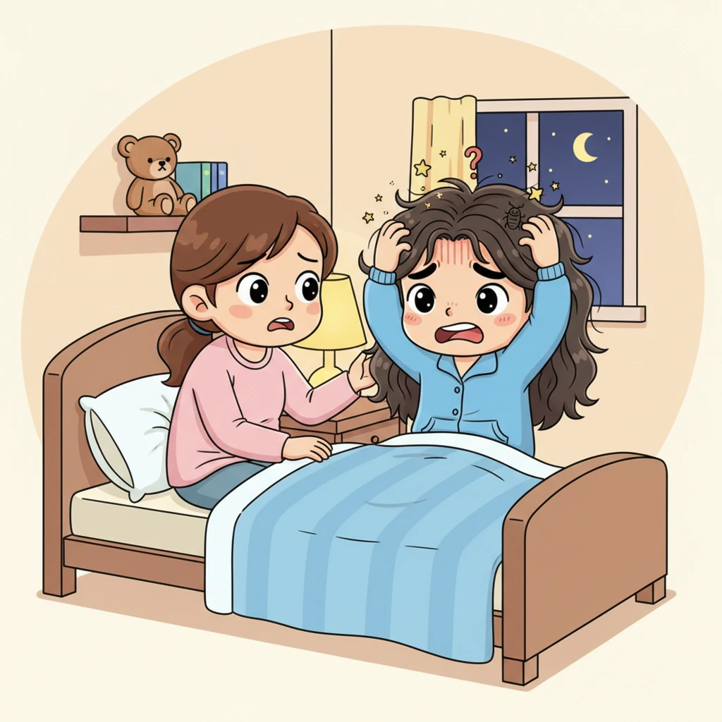 晚上睡觉时，小明的头皮开始痒痒的，他不停地用手去抓。妈妈发现他总是挠头，关心地问道：“小明，你的头是不是不舒服呀？”