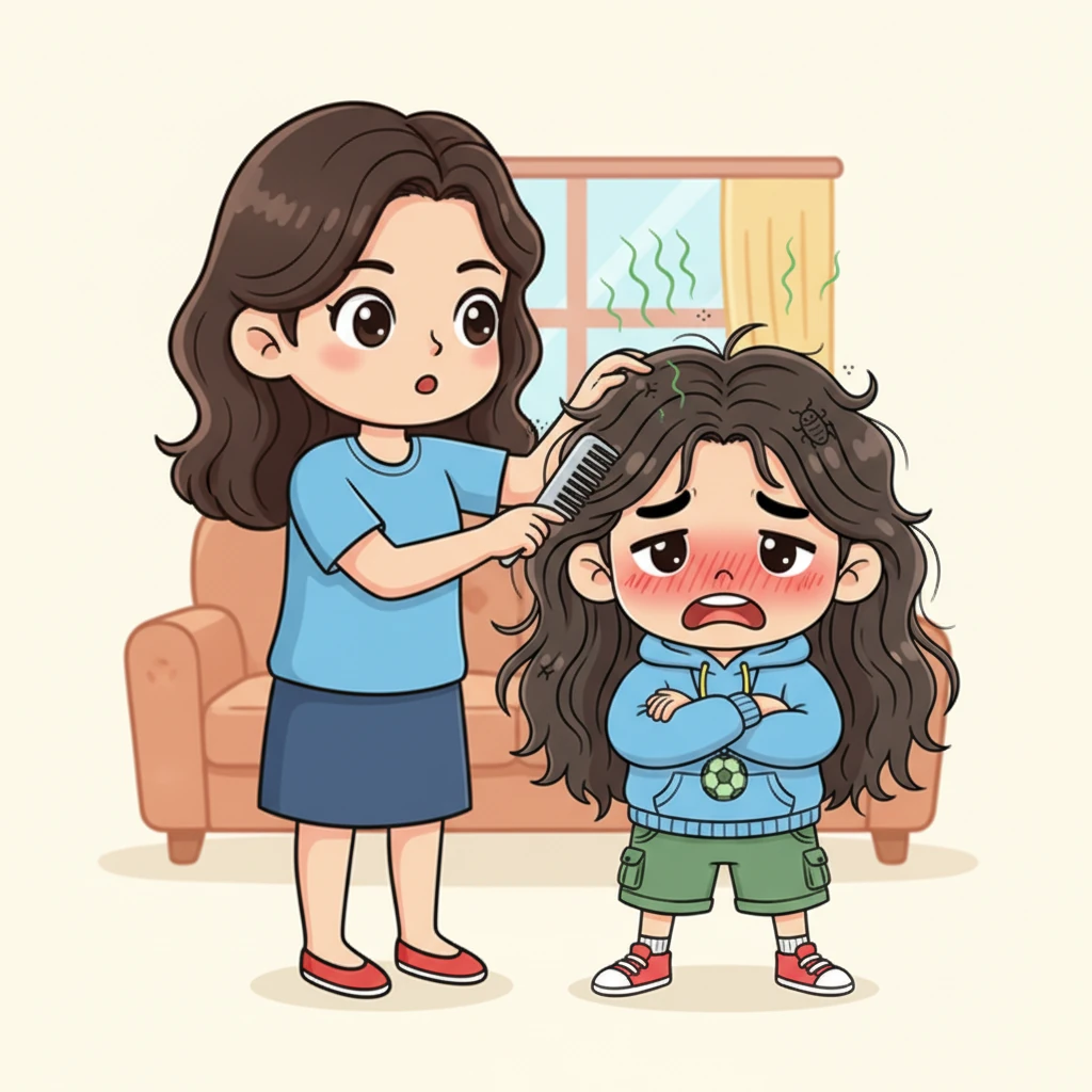 妈妈仔细检查小明的头发，发现里面藏着几只小小的、不速之客——虱子！还有一股淡淡的、不那么好闻的味道。小明觉得很不好意思，恨不得找个地缝钻进去。