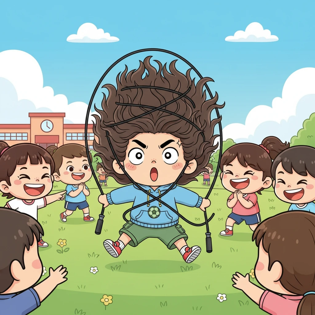 体育课上，同学们一起跳绳。轮到小明时，他的长发随着跳跃飞舞起来，结果“唰”的一声，头发缠住了跳绳，他一下子被绊倒在地，引得大家哈哈大笑。