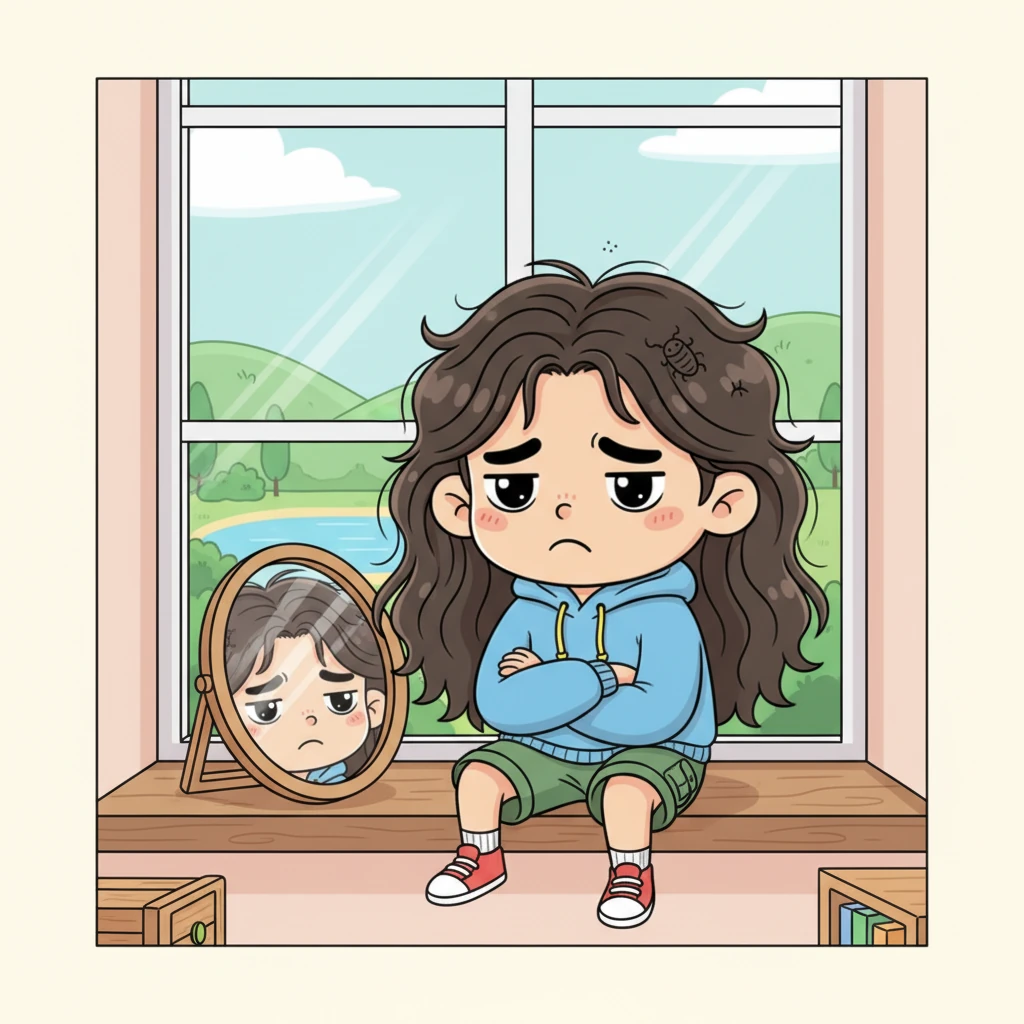 接二连三的麻烦让小明的心情糟糕透了。他坐在窗边，看着镜子里那个乱糟糟、一脸不高兴的自己，觉得一点也不酷，反而充满了烦恼。