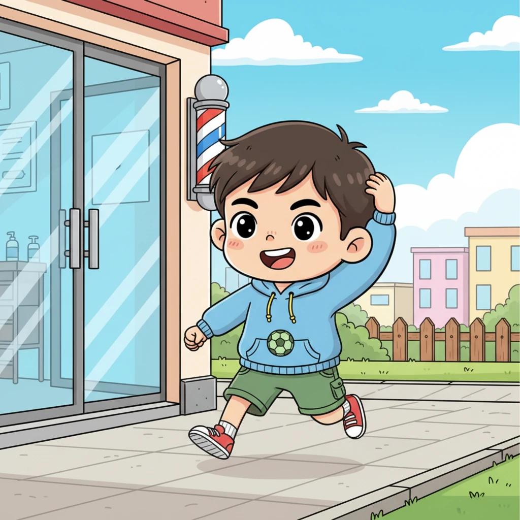 理发店里，“咔嚓咔嚓”几声，小明变成了清爽又精神的小男孩。他摸着自己短短的头发，感觉头顶轻飘飘的，心情也像阳光一样明亮。他开心地跑出去玩了！