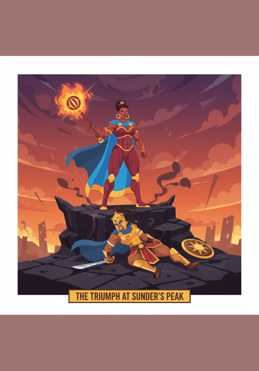 Anara stands atop a scorched hill, her gaze fixed on the smoke rising from her burning village. Her powerful, muscular frame is silhouetted against the orange sky, hands clenched into fists of iron as she prepares for the inevitable.