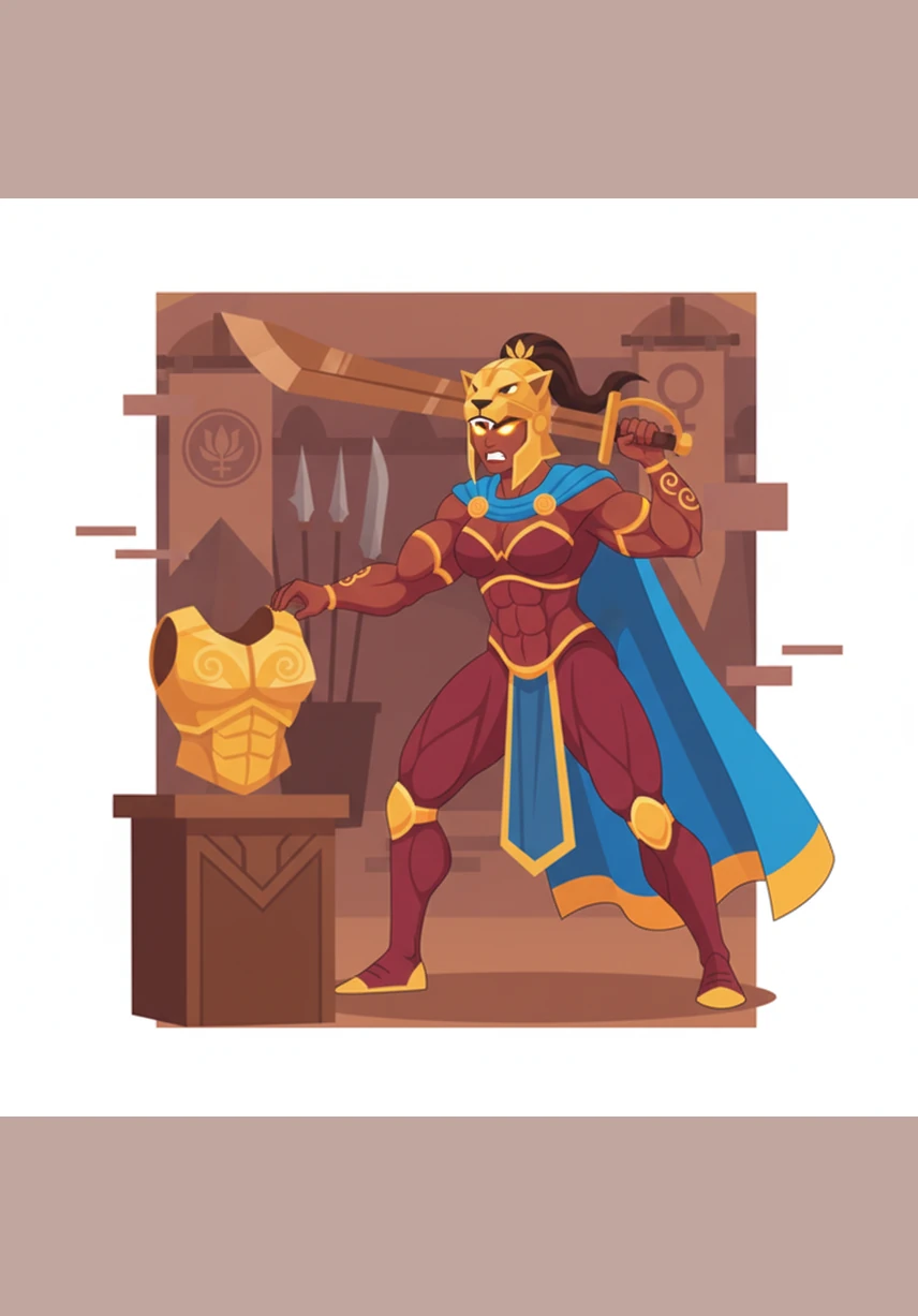 She reaches for her heavy bronze sword, the muscles in her arms rippling with every movement as she prepares her weapon. As she dons her ornate golden breastplate, her eyes ignite with a primal, unstoppable fury that promises destruction.
