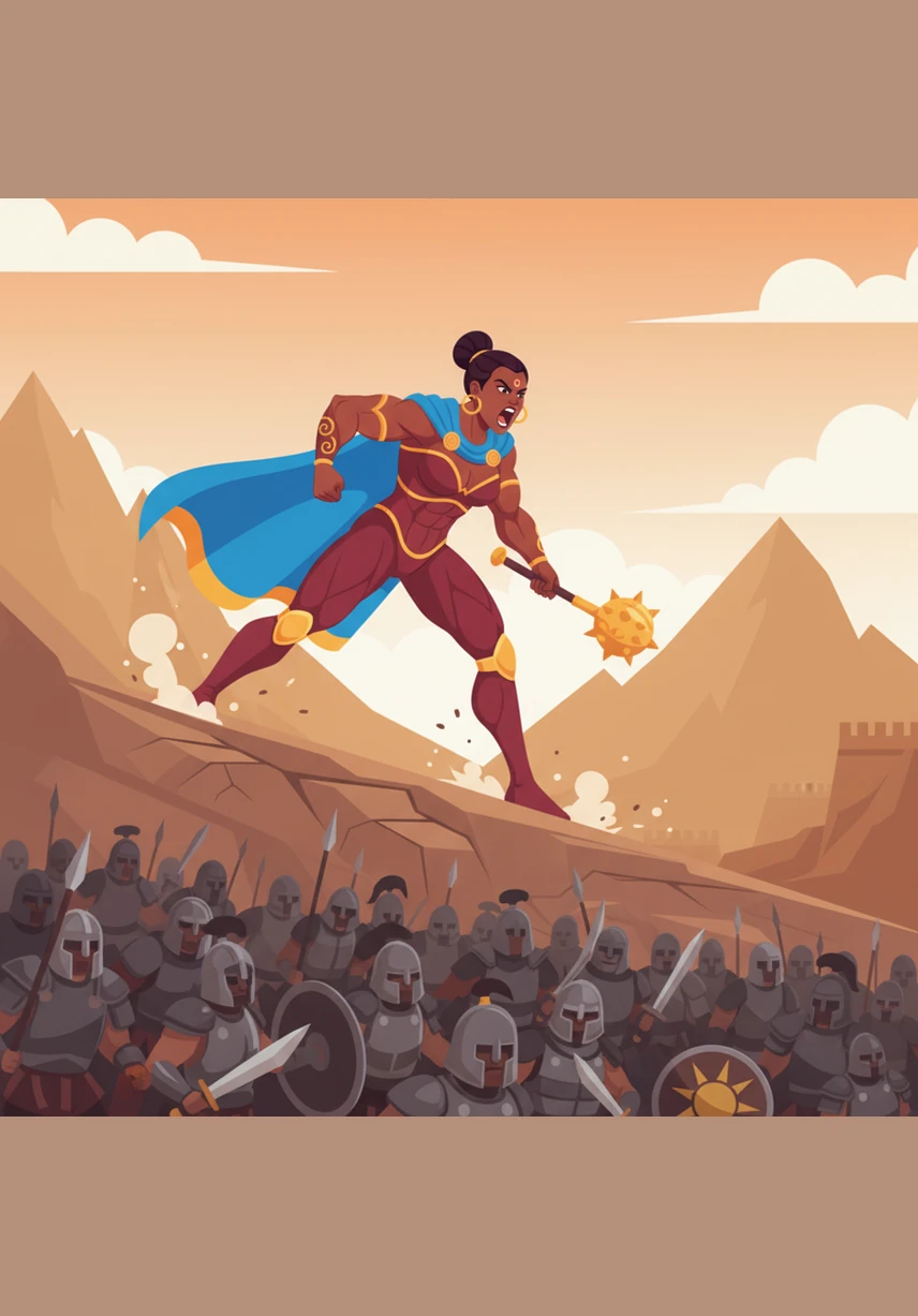 With a thunderous war cry, Anara charges down the slope, a lone force of nature against a sea of armored enemies. The ground trembles beneath her feet as she prepares to unleash her long-simmering rage upon those who crossed her.