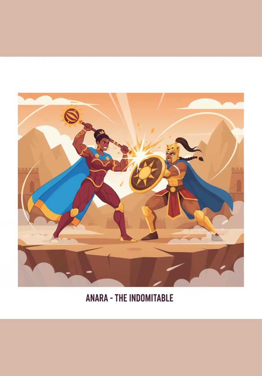 Crimson droplets spatter across her face and bronzed skin, but she feels no pain, only the searing heat of the fight. Her muscles bulge with exertion as she lifts a massive fallen shield to deflect a sudden rain of arrows.