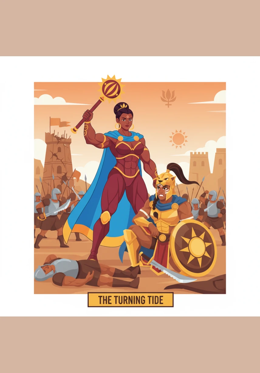 She raises her blood-stained blade toward the darkening heavens, letting out a roar that momentarily silences the clash of steel. Her presence alone turns the tide of the battle, inspiring the last of her warriors to fight with renewed vigor.