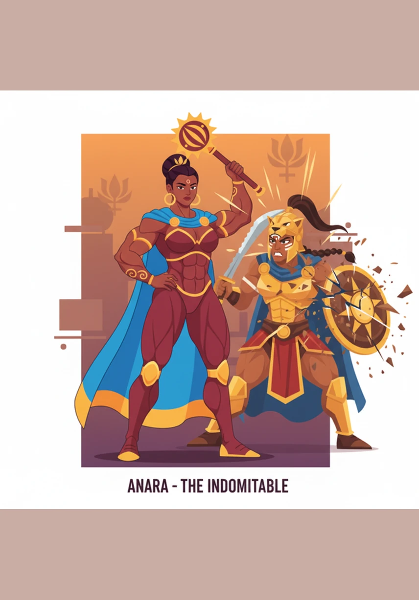 The enemy commander steps forward to challenge her, but Anara meets his gaze with the force of a mountain. Every muscle in her body tenses as she delivers a final, decisive blow that shatters his defenses and ends the conflict.