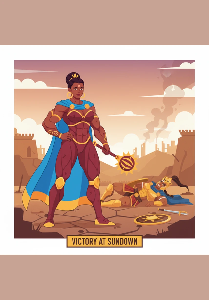 As the sun dips below the horizon, Anara stands victorious amidst the eerie silence of the blood-stained field. Though scarred and weary, her spirit remains unbroken, a testament to the raw power of a woman who refused to fall.