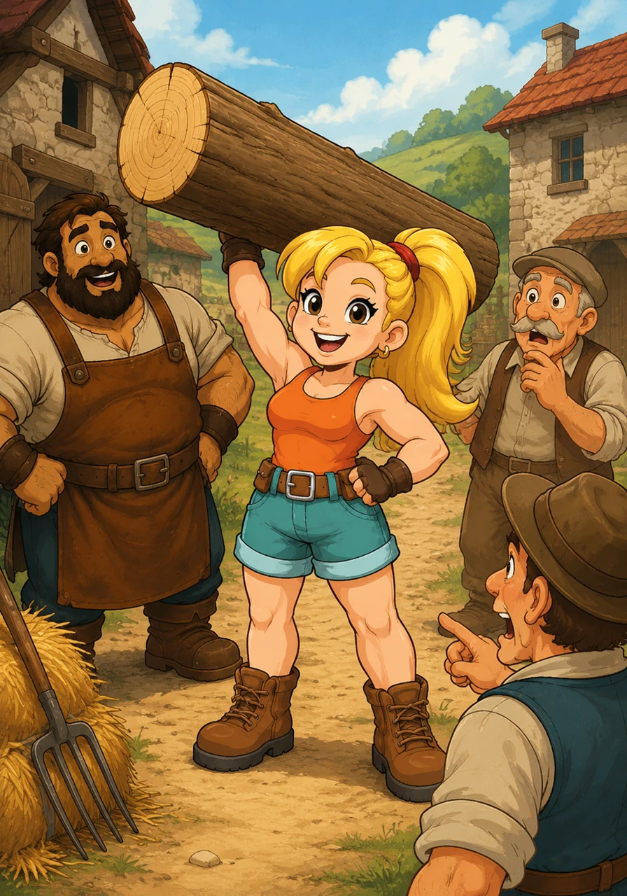 In a peaceful village nestled between rolling green hills, a young girl named Hilder discovered she was unlike anyone else. Even as a child, she could lift heavy wooden logs with a single hand, always wearing a bright, cheerful smile. The villagers watched in amazement as she easily helped her parents with the heaviest chores around the farm.