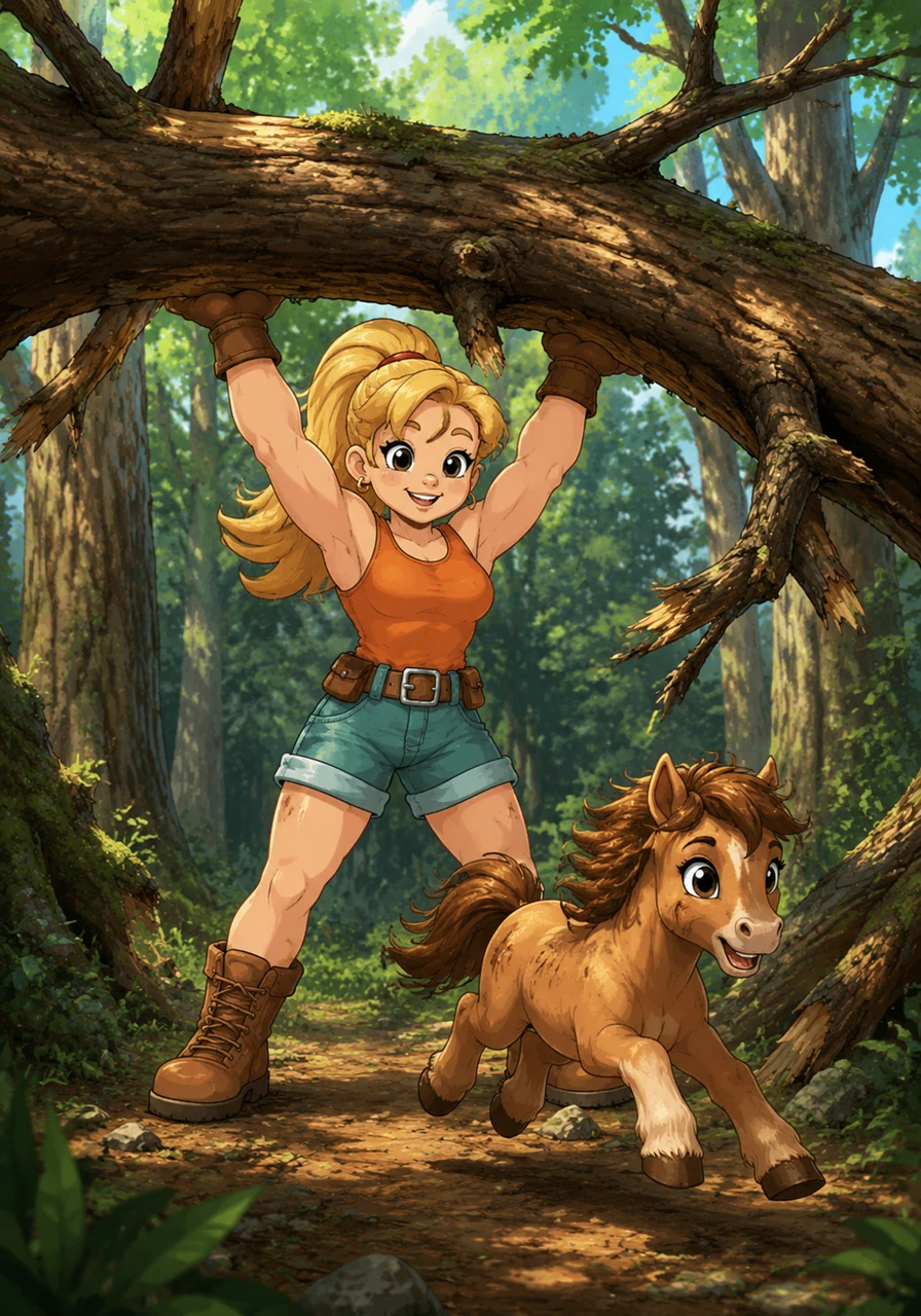 Hilder loved exploring the deep woods behind her house, where the ancient trees grew tall and strong. One sunny afternoon, she found a stray pony trapped beneath a fallen oak branch in a clearing. With a gentle reassurance in her eyes, Hilder calmly lifted the massive branch above her head, allowing the grateful animal to run free.