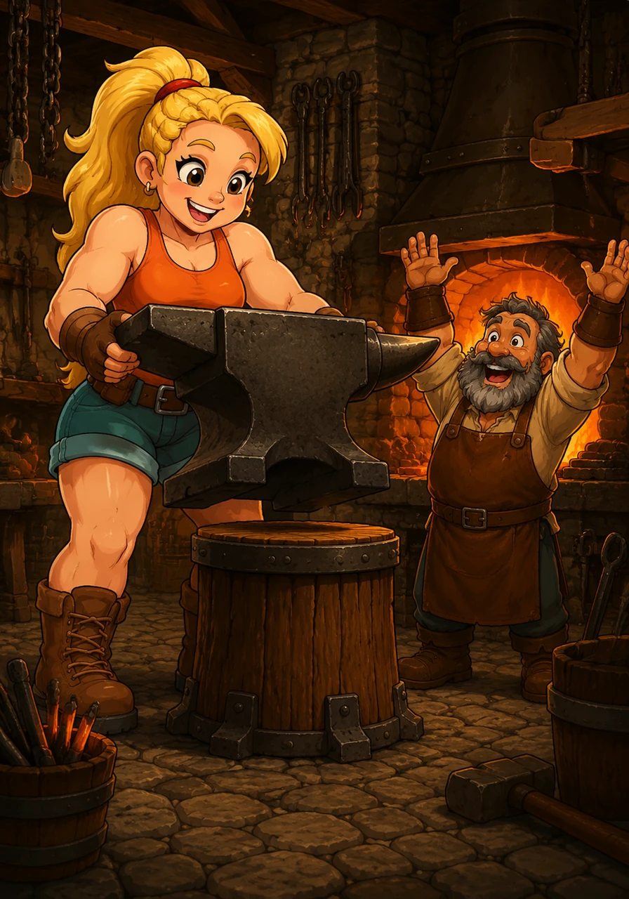 As Hilder grew, so did her incredible strength, but she always remained gentle and kind-hearted. When the village blacksmith struggled to move his heavy new iron anvil, Hilder walked over and picked it up as if it were a feather. She placed it perfectly in the center of the forge, earning a hearty cheer from the grateful blacksmith.