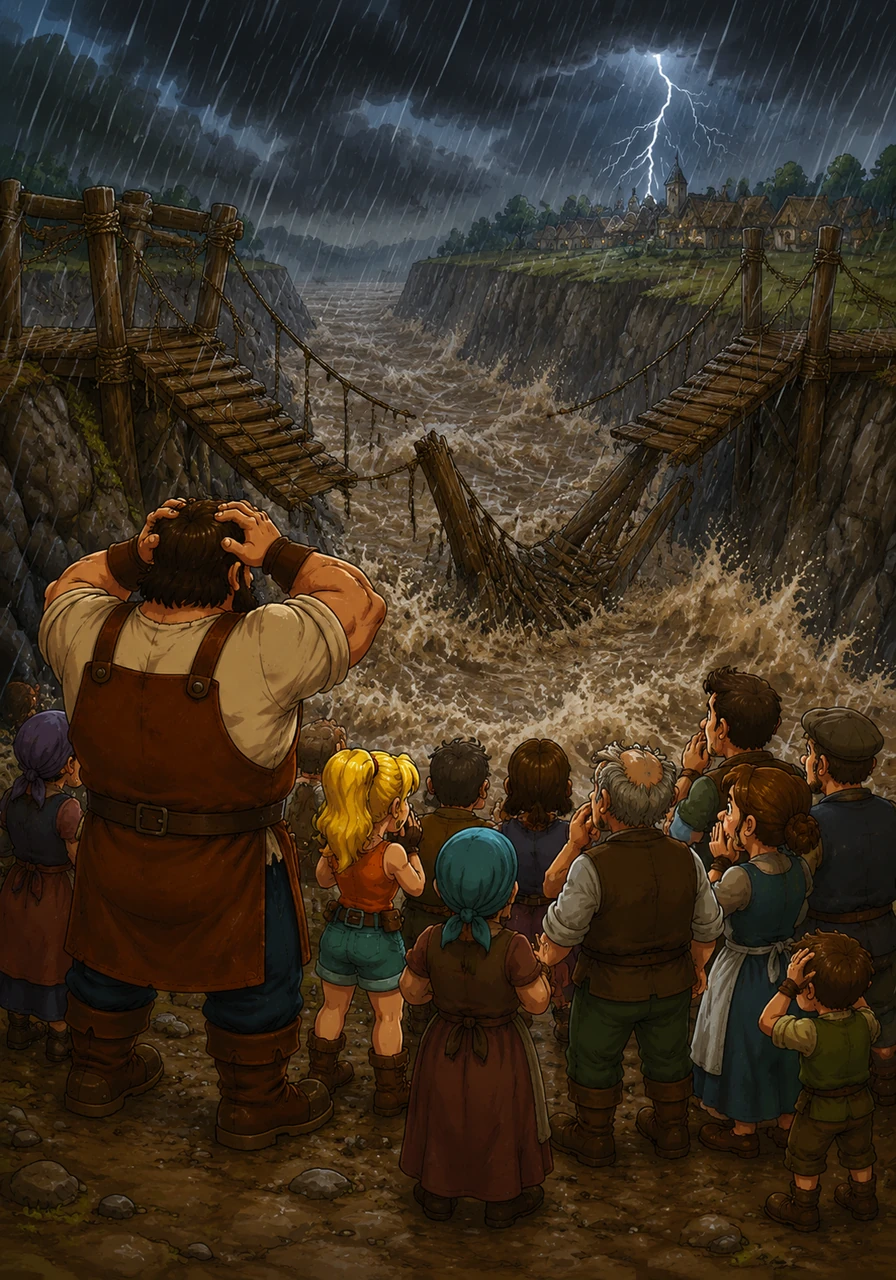 One day, a sudden summer storm swept through the valley, bringing fierce winds and torrential rain. The old wooden bridge connecting the village to the market town creaked loudly and finally collapsed into the rushing river. The villagers stood helplessly at the riverbank, realizing they were completely cut off from the outside world.